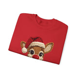 Christmas Reindeer Crewneck Sweatshirt – Cute Rudolph Face with Santa Hat